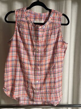 LOFT Plaid Sleeveless Button-Front Top - Coral, Navy & Light Blue